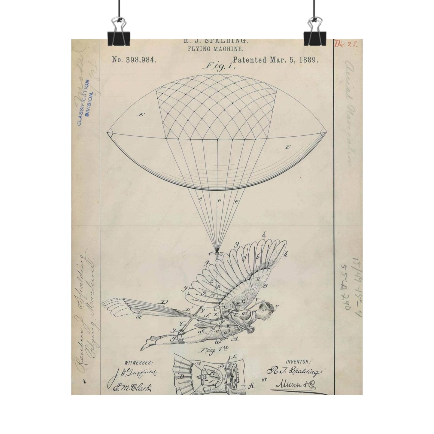 Patent drawing - for R. J. Spalding's Flying Machine Public domain  image High Quality Matte Wall Art Poster for Home, Office, Classroom