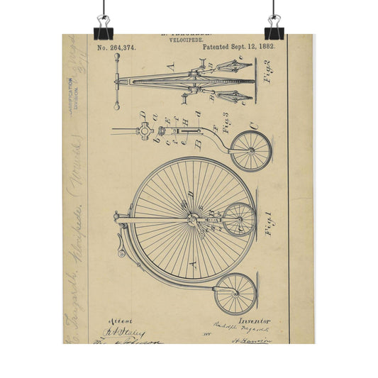 Patent drawing - Drawing of a Velocipede Public domain  image High Quality Matte Wall Art Poster for Home, Office, Classroom