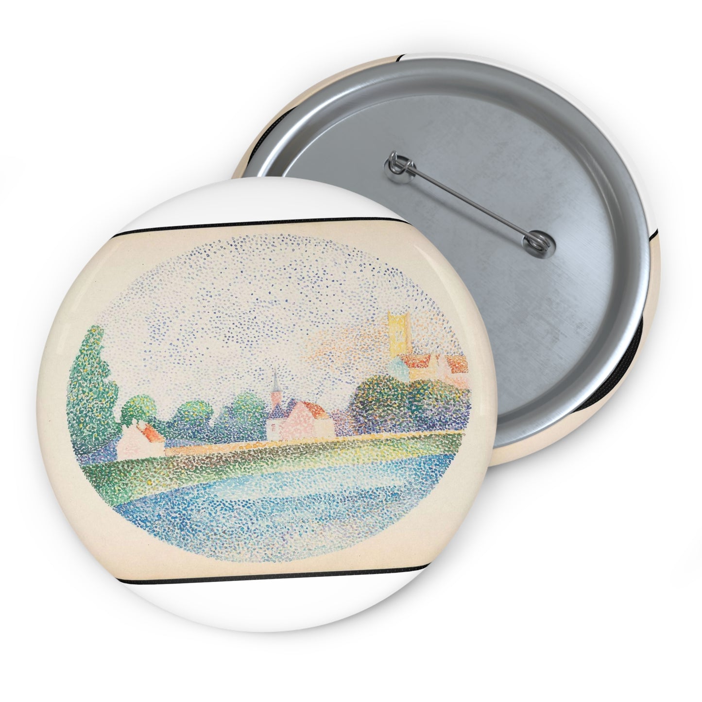 Morning on the Marne at Meaux - Drawing. Public domain image. Pin Buttons with Crisp Design