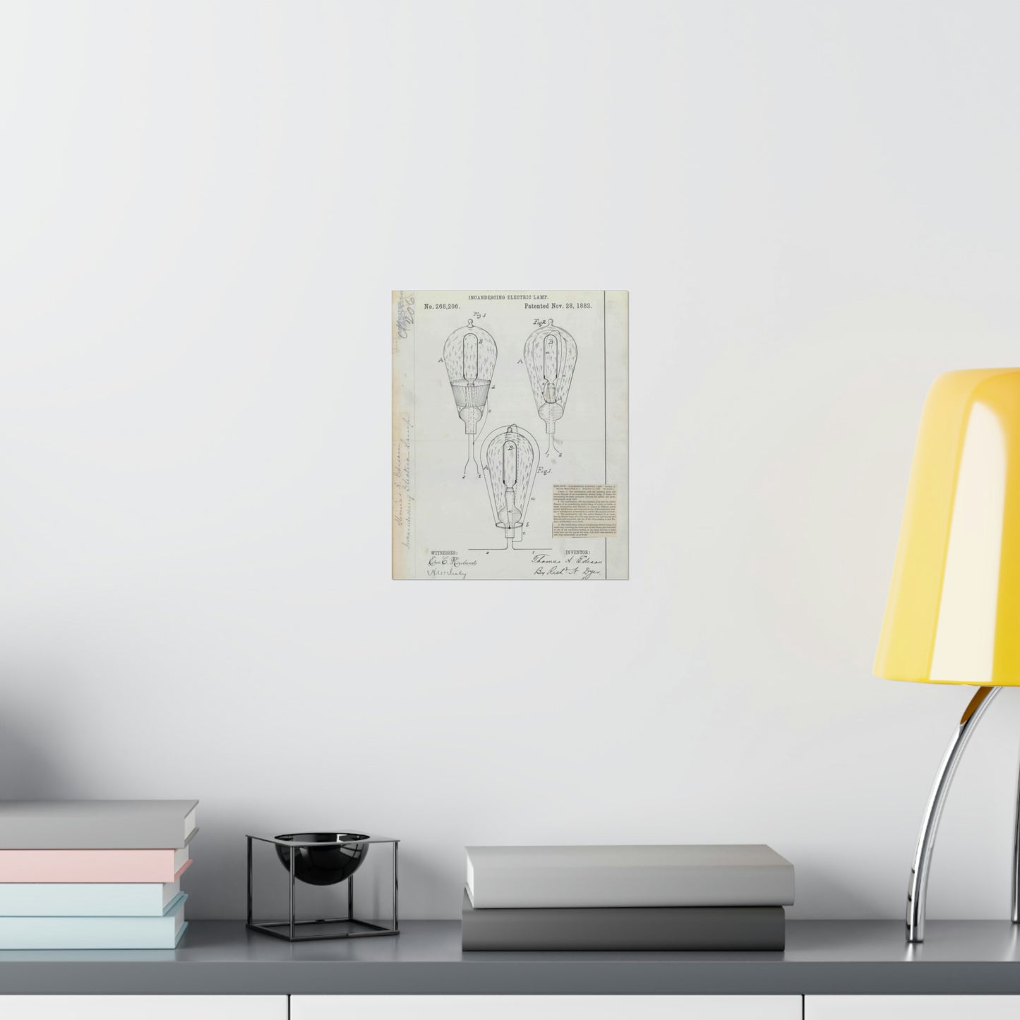 Patent drawing - for T. A. Edison's Incandescing Electric Lamp Public domain  image High Quality Matte Wall Art Poster for Home, Office, Classroom