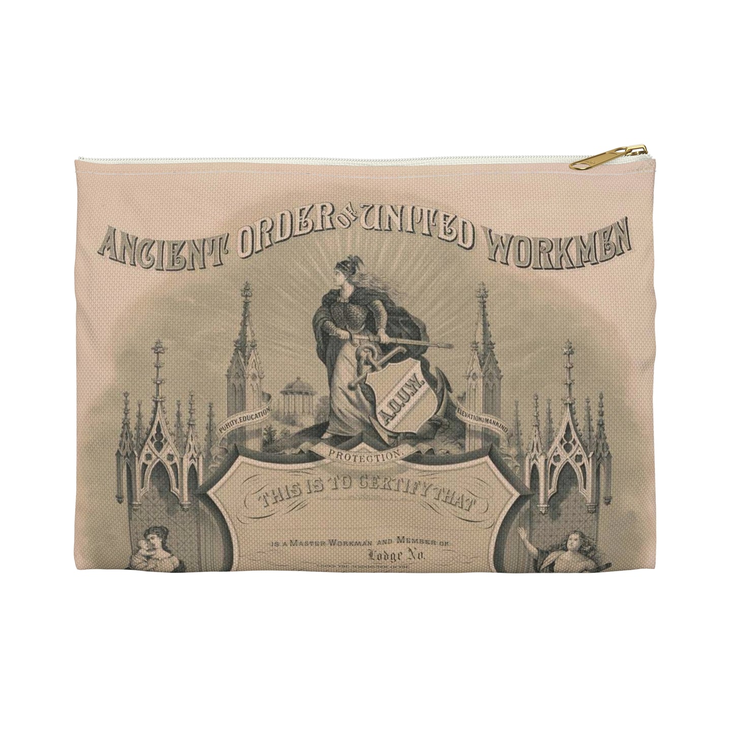 Ancient order of United Workmen, purity, education, elevation of mankind Large Organizer Pouch with Black Zipper