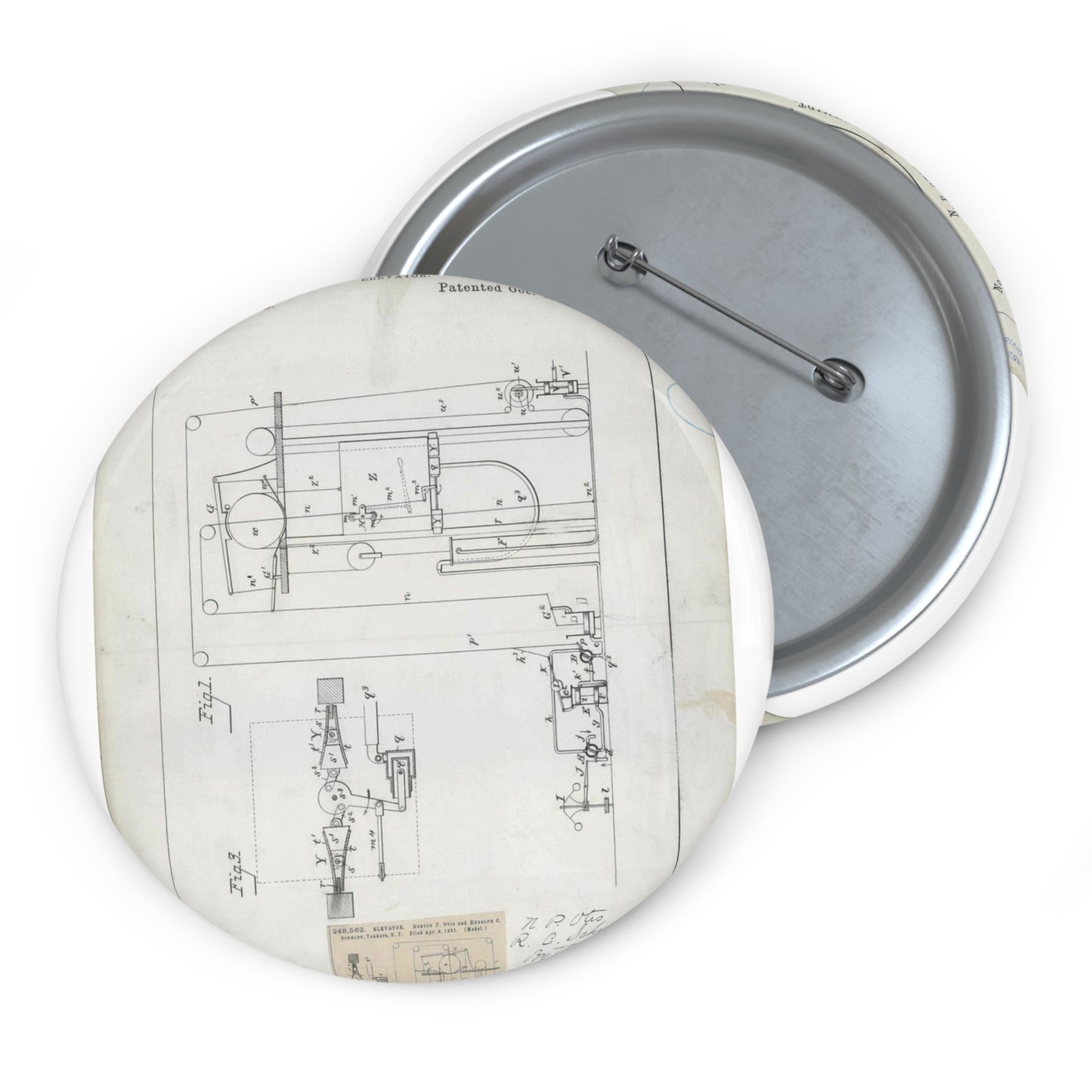 Patent Drawing of Engine - for N. P. Otis and R. C. Schmidt's Elevator Public domain  image Pin Buttons with Crisp Design