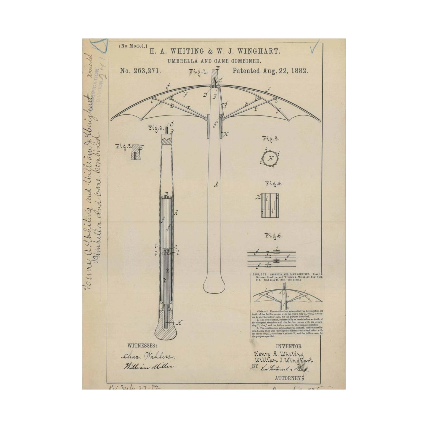 Patent drawing - for H. A. Whiting and W. J. Winghart's Umbrella and Cane Combined Public domain  image High Quality Matte Wall Art Poster for Home, Office, Classroom