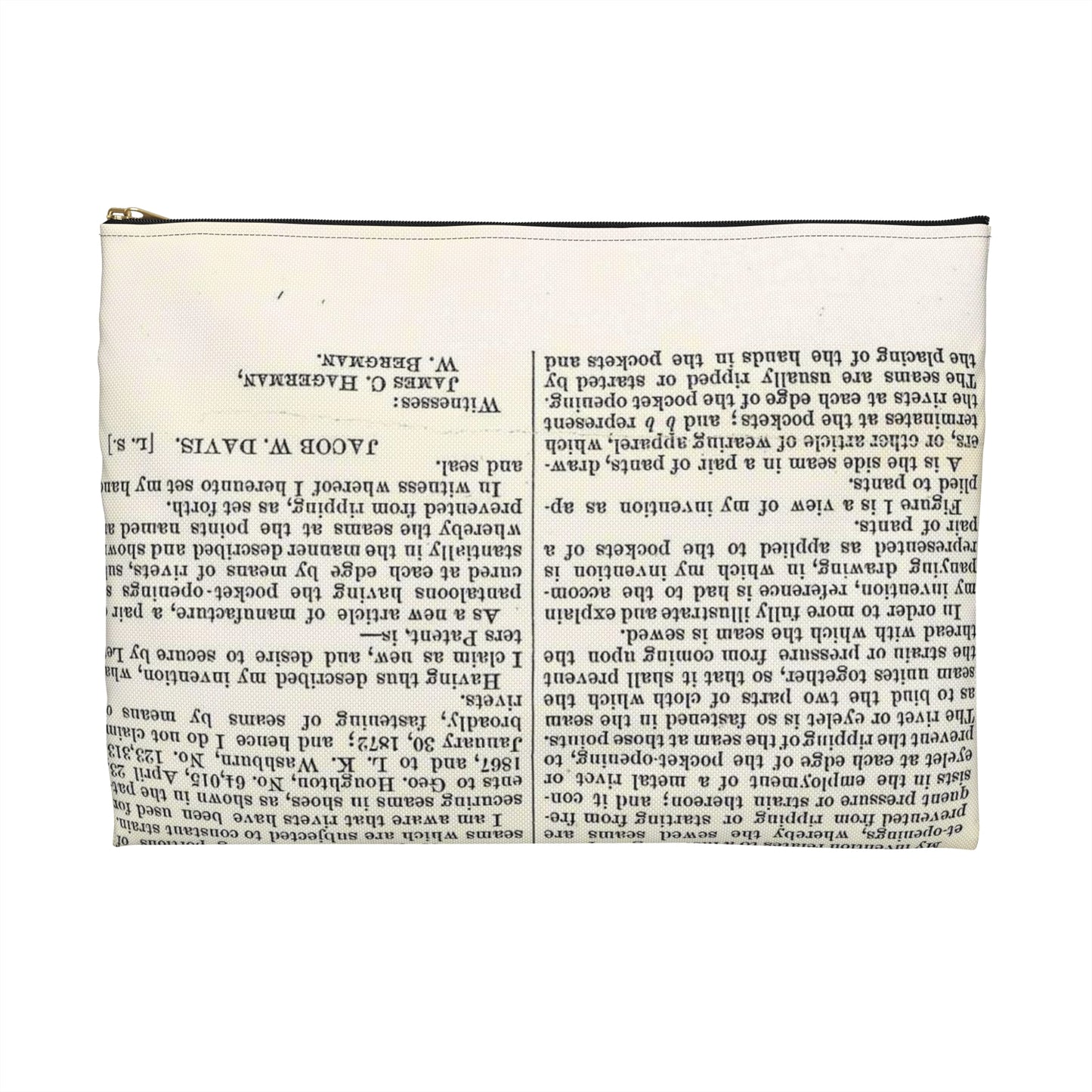 Patent Case File No. 139,121, Improvement in Fastening Pocket Openings, Inventor- Jacob W. Davis - DPLA - afb017b06366ded5b3d9735cb413b735 (page 29) Large Organizer Pouch with Black Zipper