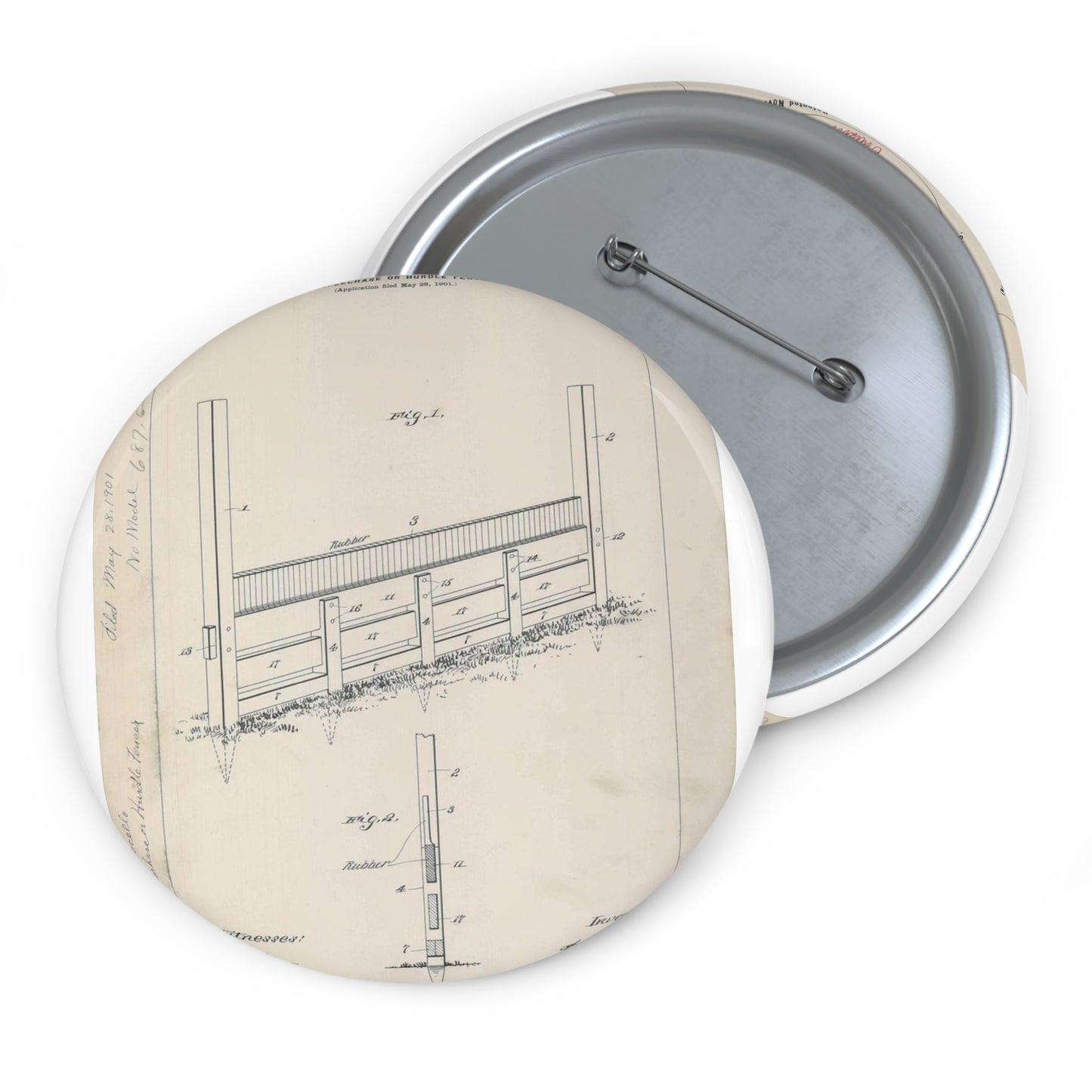 Patent Drawing of Engine - for A. Pascocello' Steeplechase or Hurdle Fence Public domain  image Pin Buttons with Crisp Design