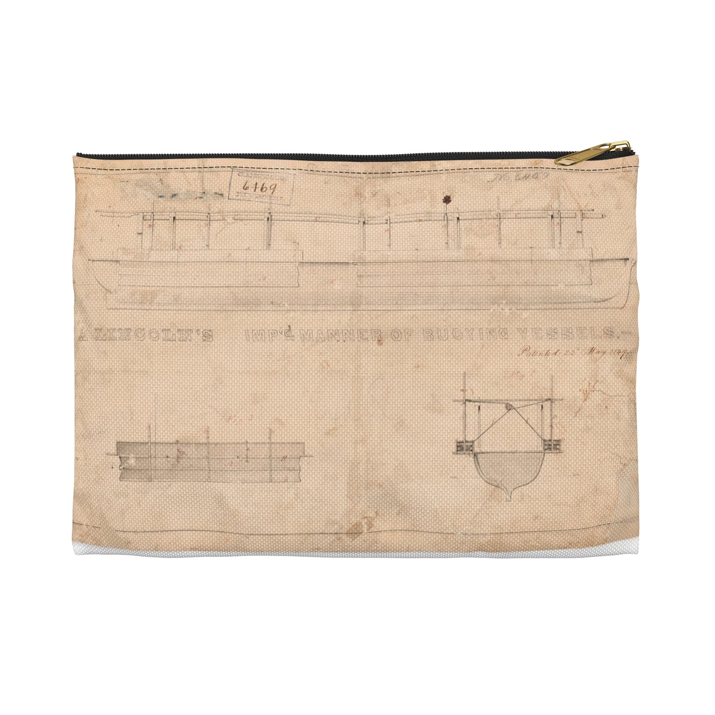 Patent drawing - Abraham Lincoln's  for Improved Manner of Buoying Vessels Public domain  image Large Organizer Pouch with Black Zipper