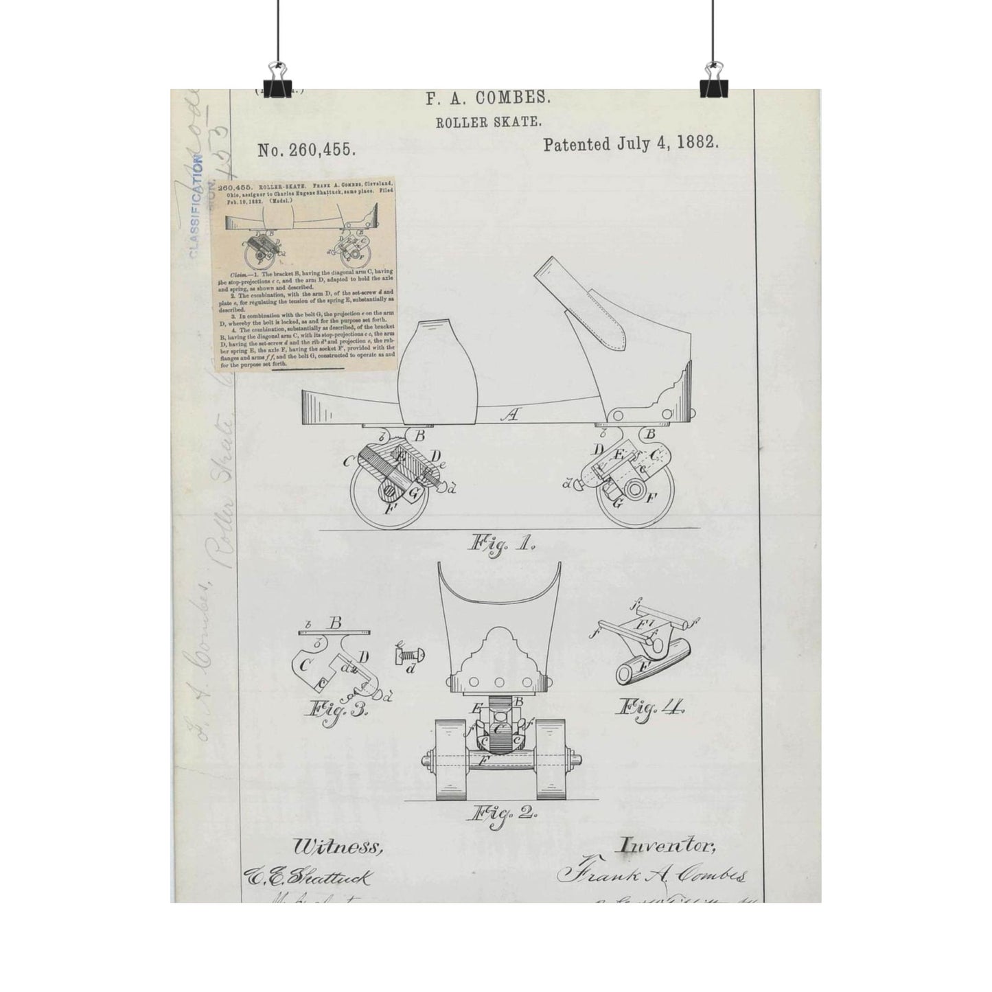 Patent drawing - for F. A. Combes' Roller Skate Public domain  image High Quality Matte Wall Art Poster for Home, Office, Classroom