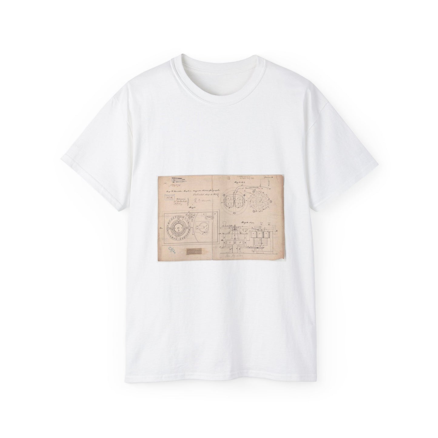 Patent drawing - Drawing of Improvements in Magneto-electric Telegraphs Public domain  image White T-Shirt Gildan 2000 Cotton Unisex