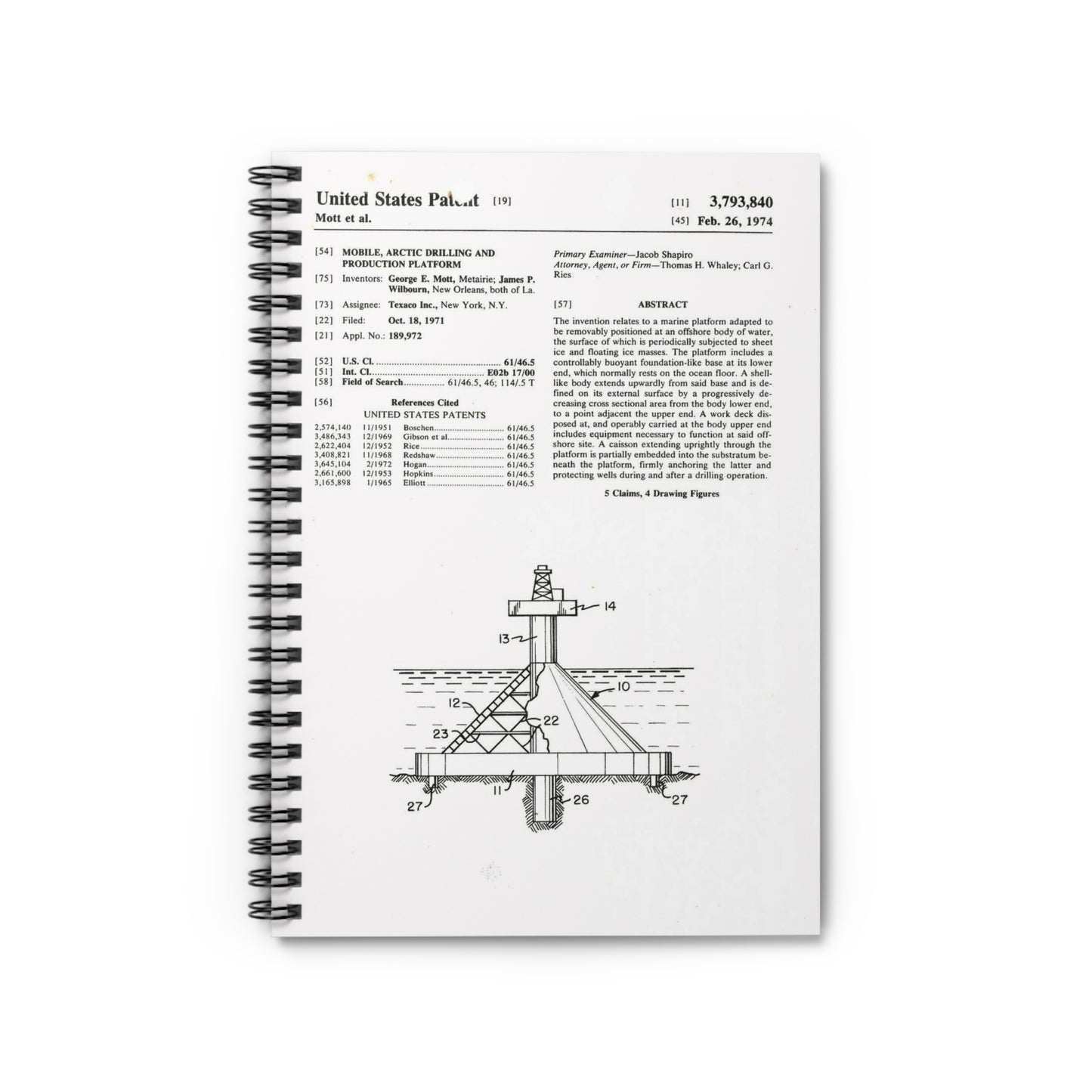 Patent Case File No. 3,793,840, Mobile Arctic Drilling and Production Platform, Inventor(s)- George E. Mott and James P. Wilbourn. - DPLA - 8f260bf2cd8926afbf4da017454f39b3 (page 6) Spiral Bound Ruled Notebook with Printed Cover