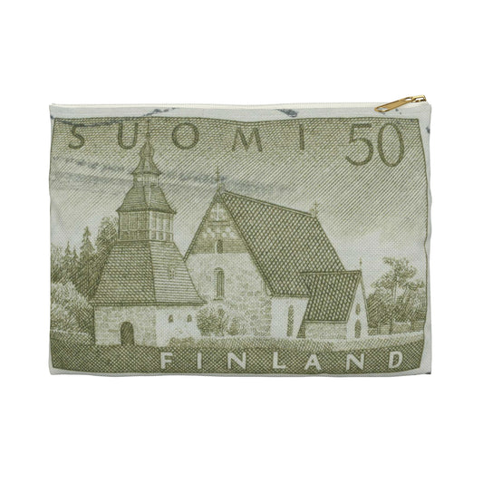 Frimärke ur Gösta Bodmans filatelistiska motivsamling, påbörjad 1950.Frimärke från Finland, 1957. Motiv av Lammi Kyrka med stigport och klockstapel. Large Organizer Pouch with Black Zipper