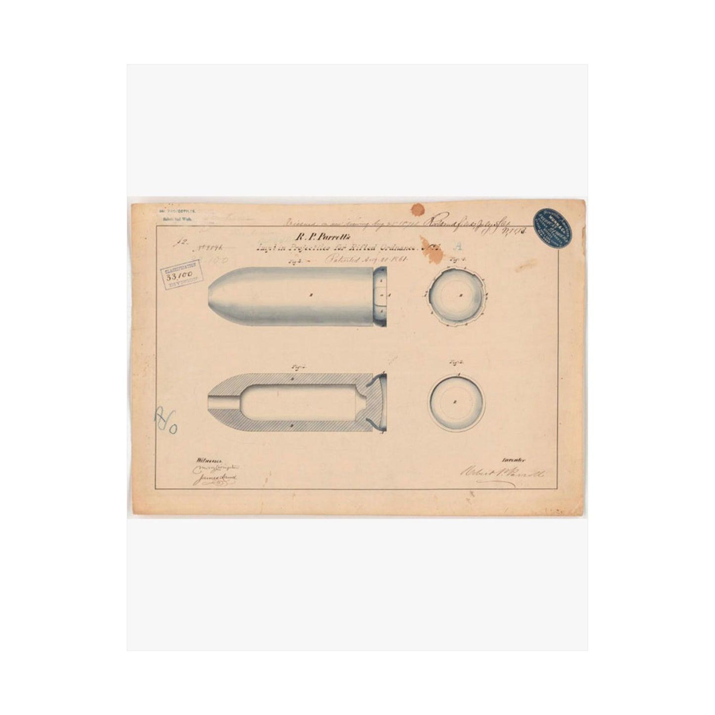 Patent drawing - Drawing of Improvement in Projectiles for Rifled Ordnance Public domain  image High Quality Matte Wall Art Poster for Home, Office, Classroom