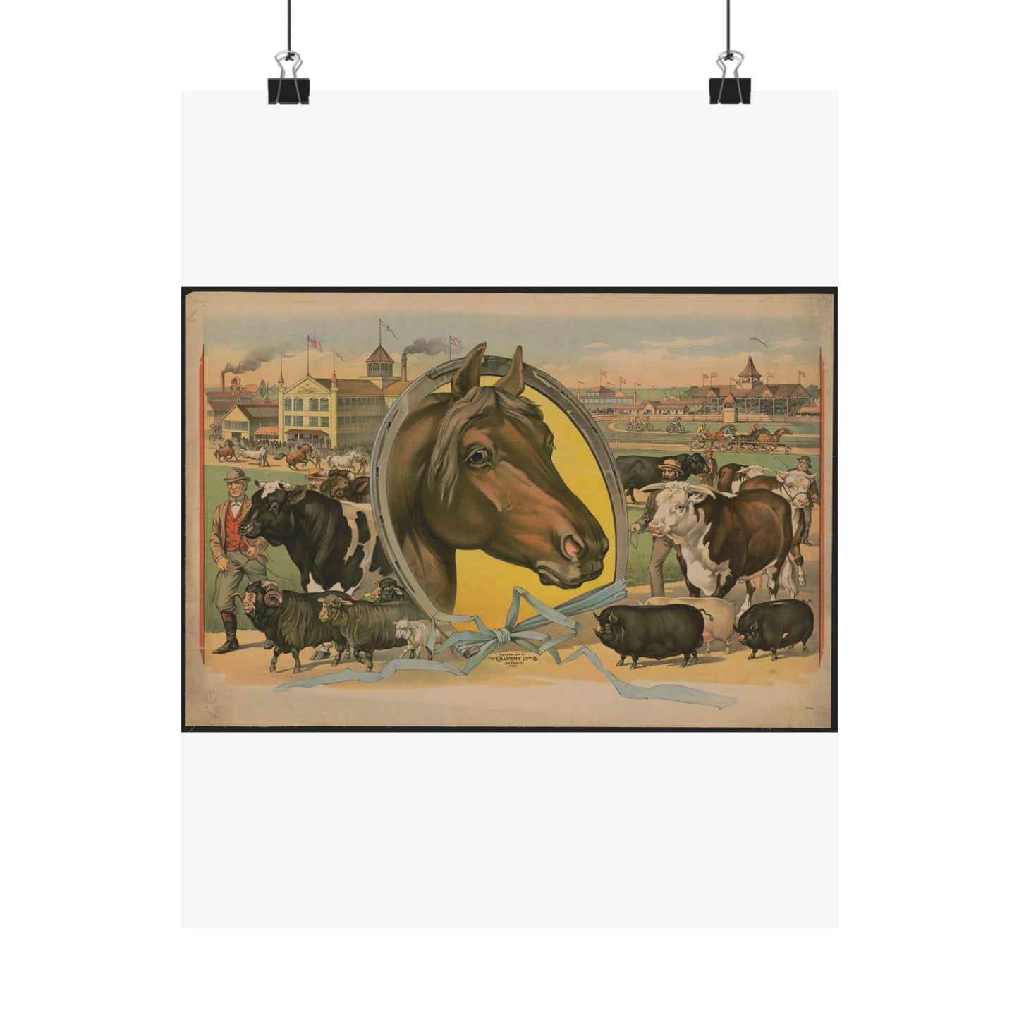 Horse framed by a horseshoe with fair buildings and a racetrack in the background High Quality Matte Wall Art Poster for Home, Office, Classroom