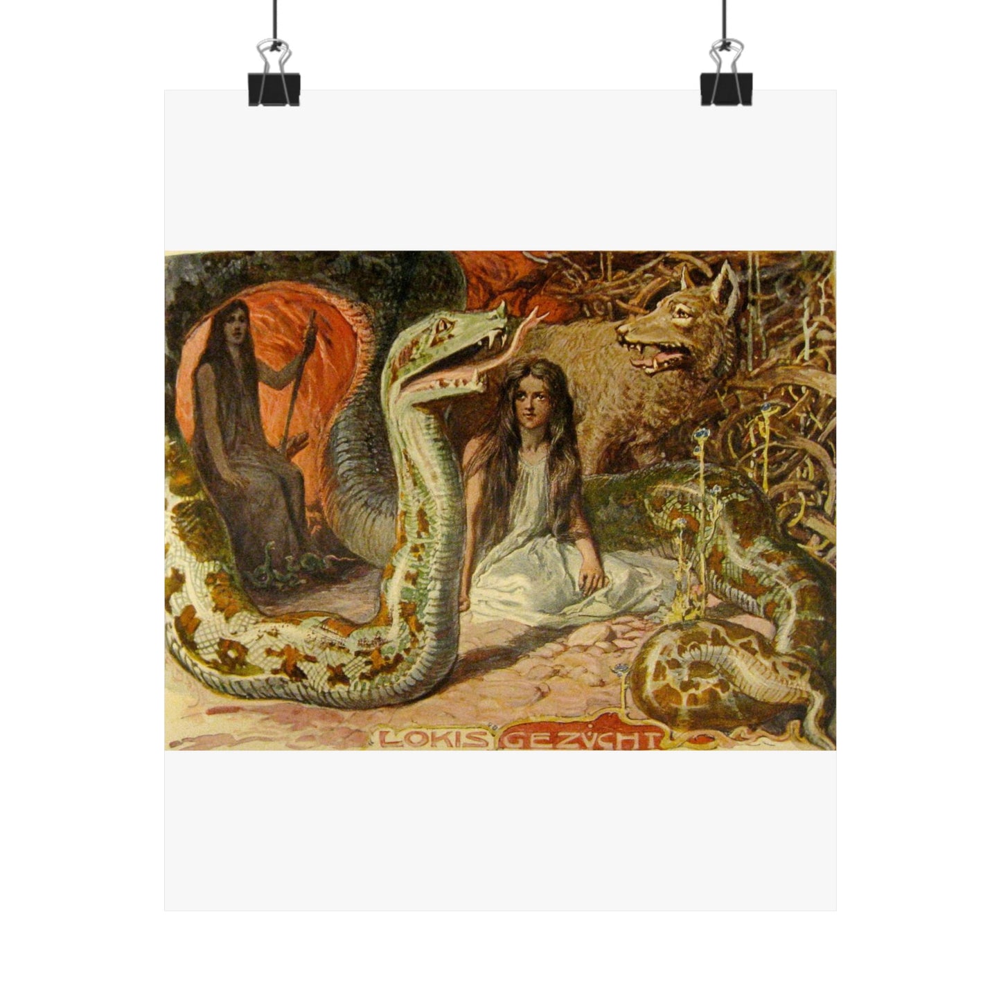 Lokis Gezücht - A painting of a woman sitting in front of a snake High Quality Matte Wall Art Poster for Home, Office, Classroom