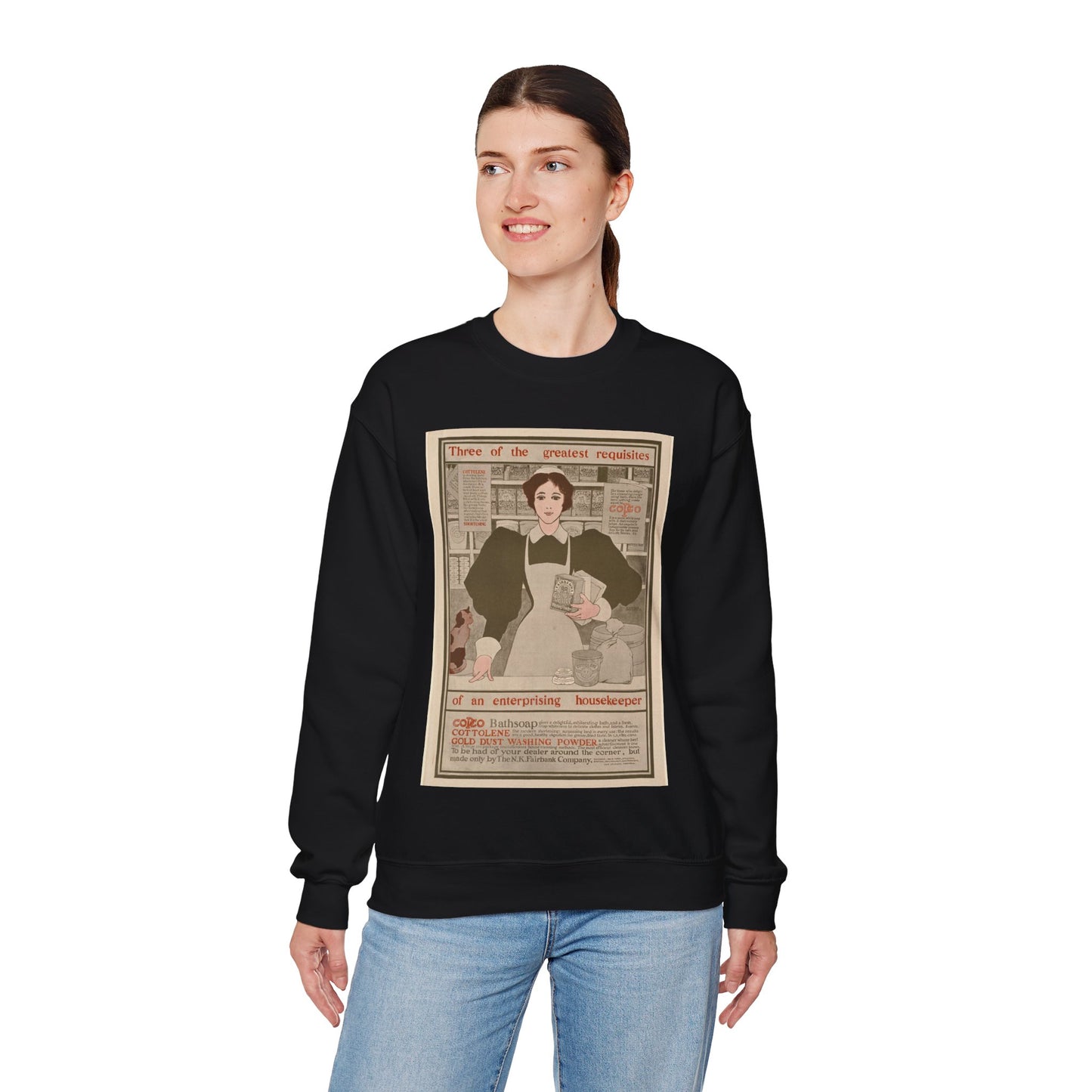 Three of the greatest requisites of an enterprising housekeeper - Copco, Cottolene, Gold Dust washing powder Black Heavy Blend Adult Crew Neck SweatShirt