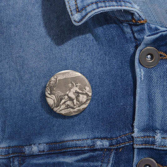 Cupid wrestling with Pan, amongst the clouds, with two allegorical women seated at left Pin Buttons with Crisp Design