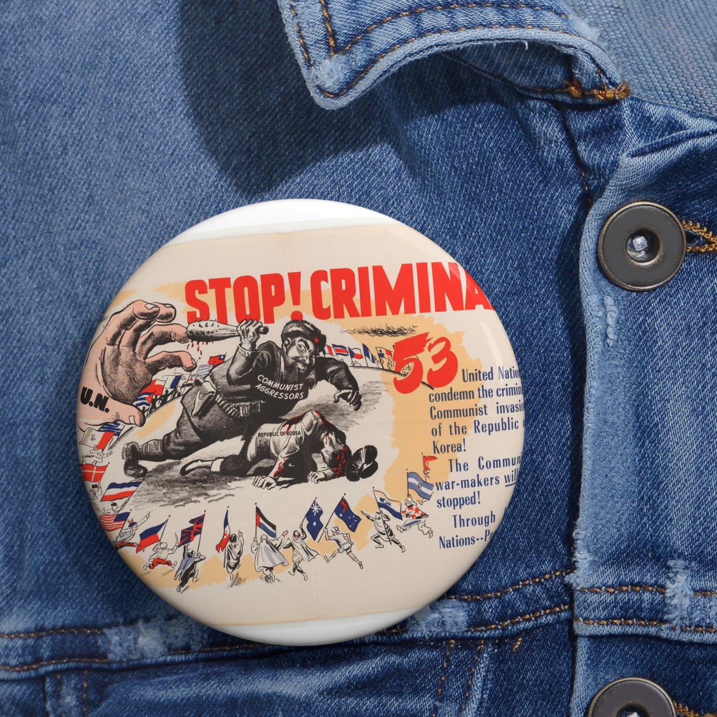 Stop Criminal!, Cold War American Propaganda poster Pin Buttons with Crisp Design