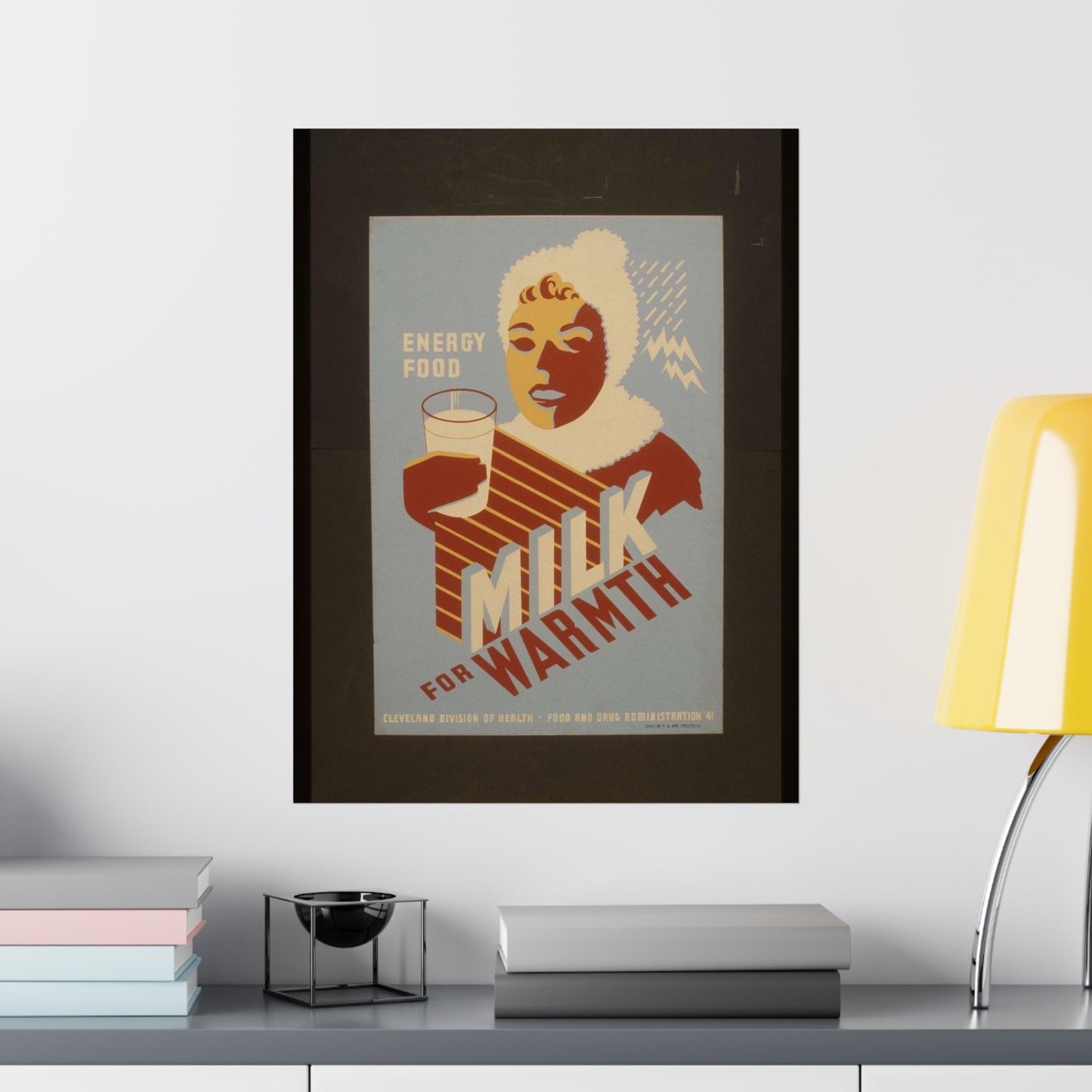 Milk - for warmth Energy food. - WPA poster, Public domain, Library of Congress High Quality Matte Wall Art Poster for Home, Office, Classroom