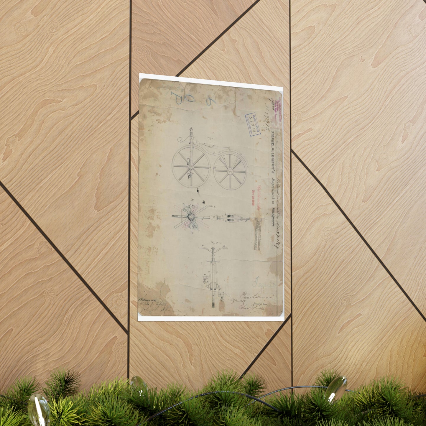 Patent drawing - for Pierre Lallement's Improvement in Velocipedes Public domain  image High Quality Matte Wall Art Poster for Home, Office, Classroom