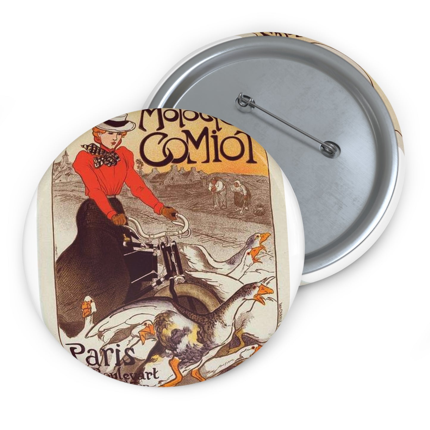 Affiche pour les "Motocycles Comiot". Pin Buttons with Crisp Design