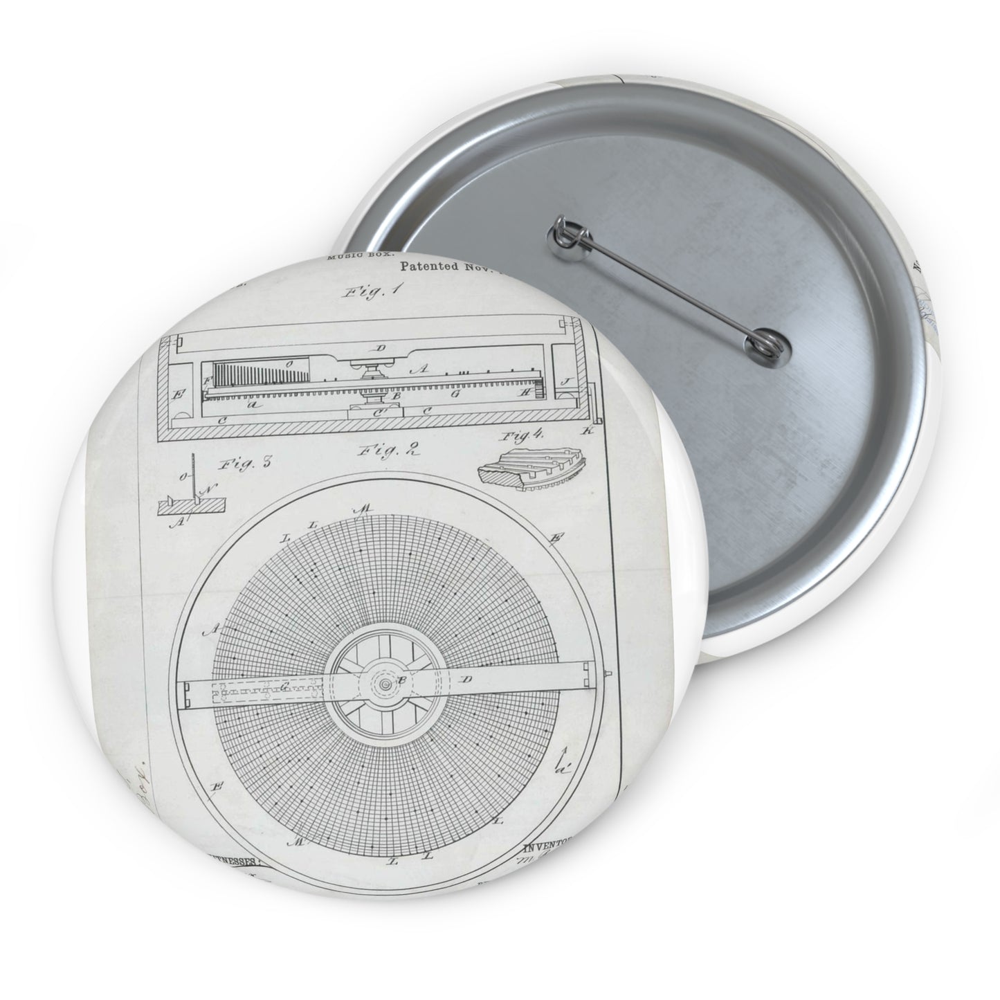 Patent Drawing of Engine - for M. Boom's Music Box Public domain  image Pin Buttons with Crisp Design