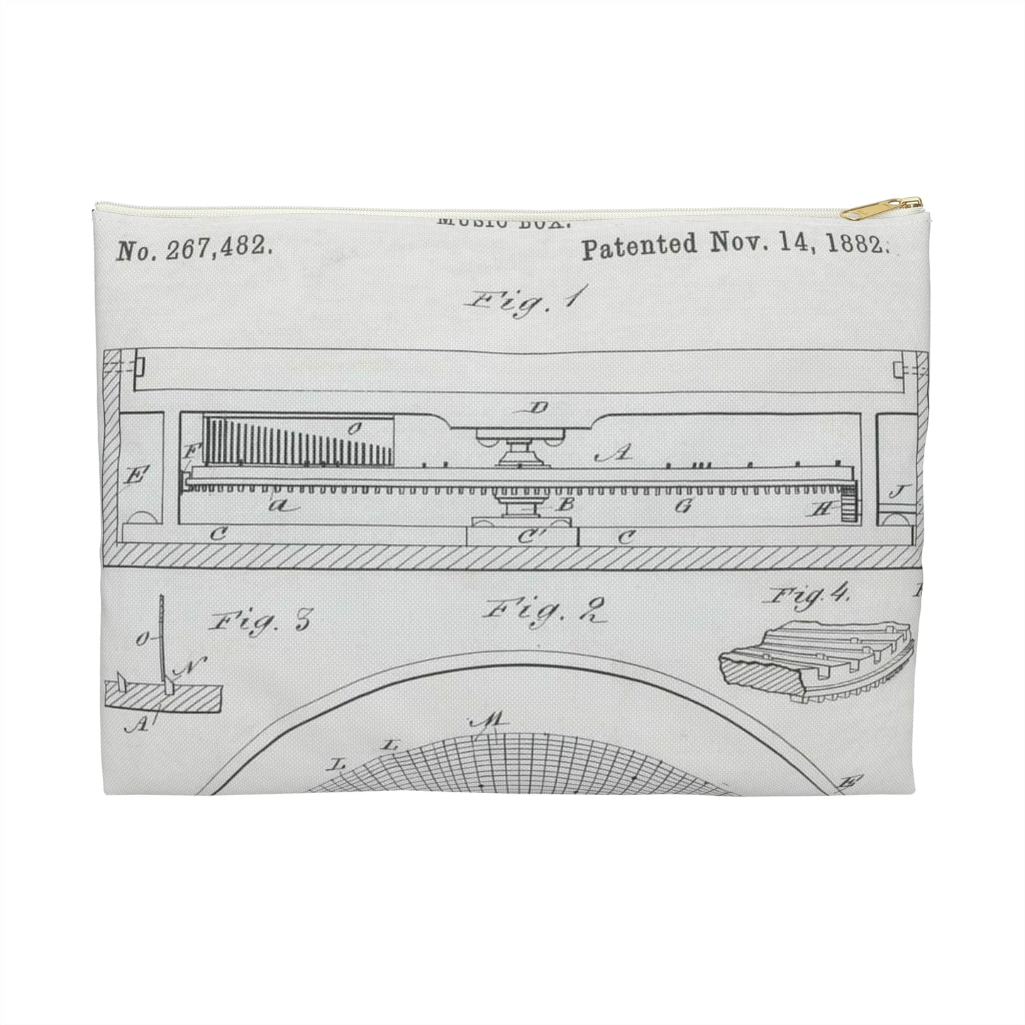 Patent Drawing of Engine - for M. Boom's Music Box Public domain  image Large Organizer Pouch with Black Zipper