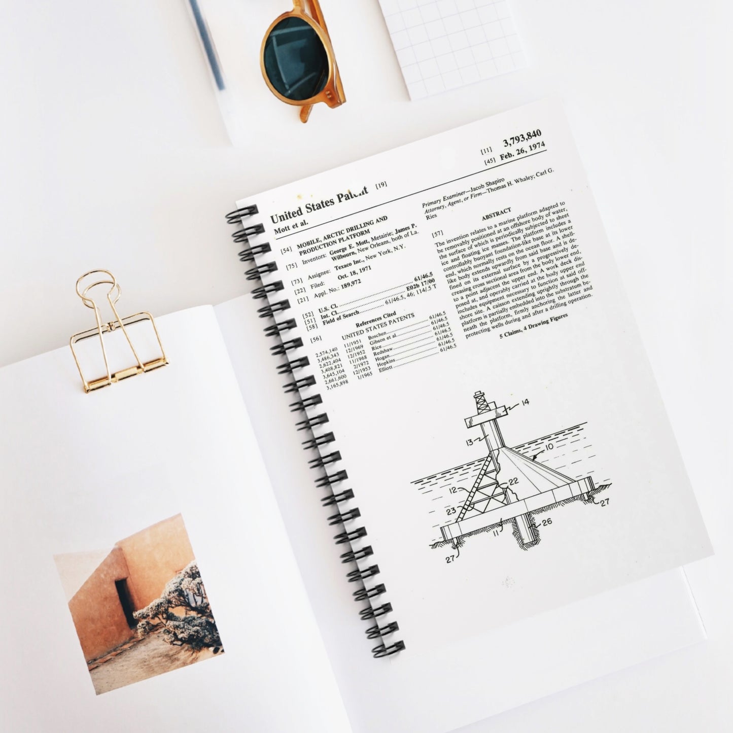 Patent Case File No. 3,793,840, Mobile Arctic Drilling and Production Platform, Inventor(s)- George E. Mott and James P. Wilbourn. - DPLA - 8f260bf2cd8926afbf4da017454f39b3 (page 6) Spiral Bound Ruled Notebook with Printed Cover