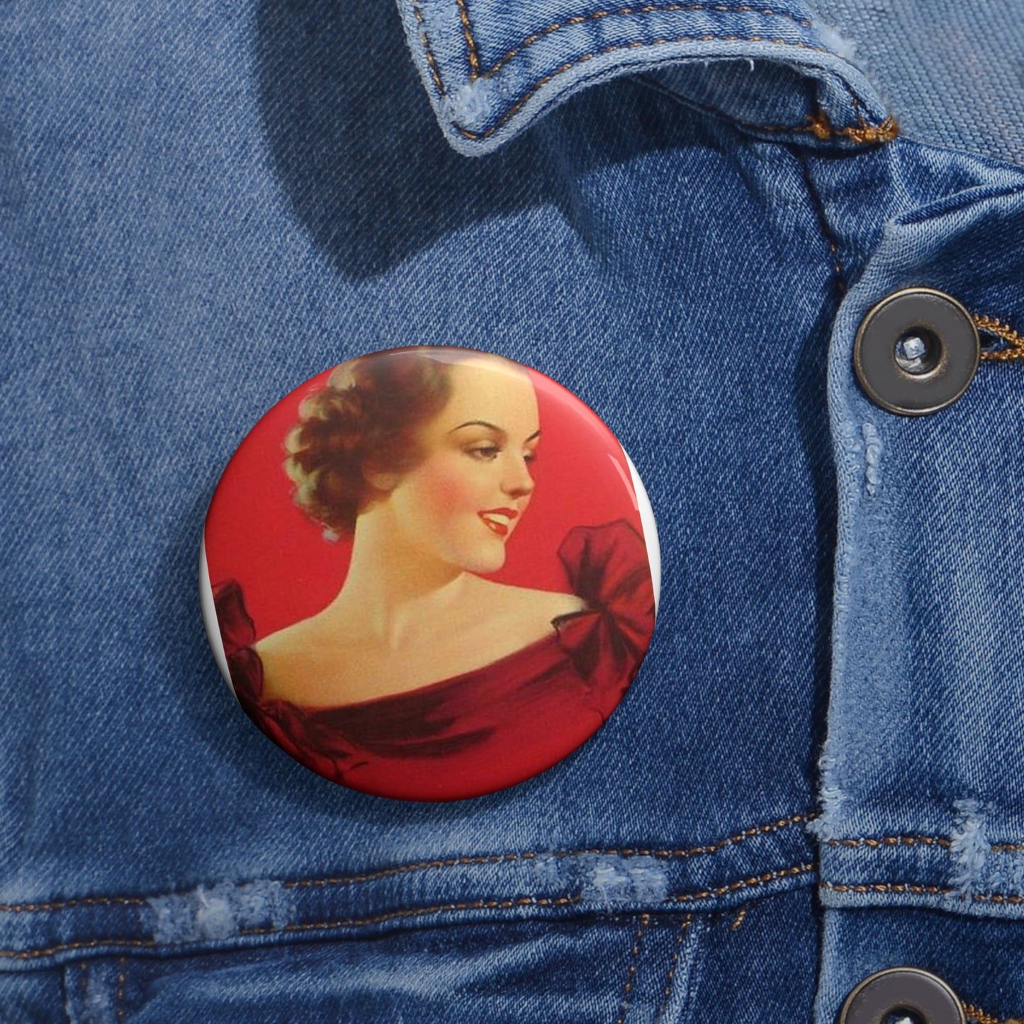 Brunette girl head, red background, painting by Edward Mason Eggleston Pin Buttons with Crisp Design