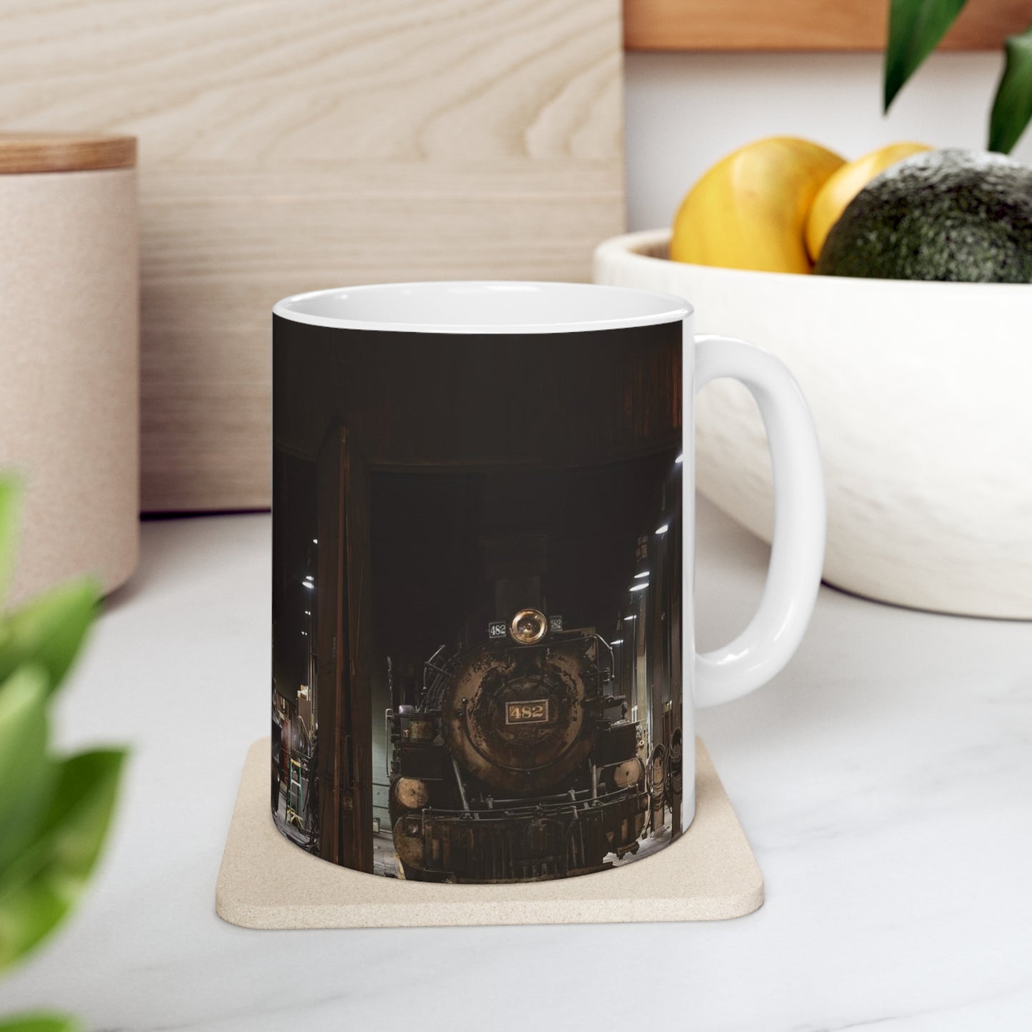 Steam locomotives in the roundhouse of the Durango & Silverton Narrow Gauge Scenic Railroad in Durango, Colorado Beautiful Novelty Ceramic Coffee Mug 11oz