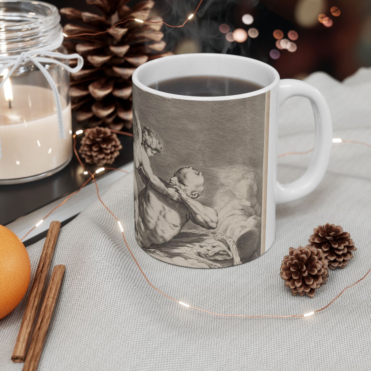 Cupid wrestling with Pan, amongst the clouds, with two allegorical women seated at left Beautiful Novelty Ceramic Coffee Mug 11oz