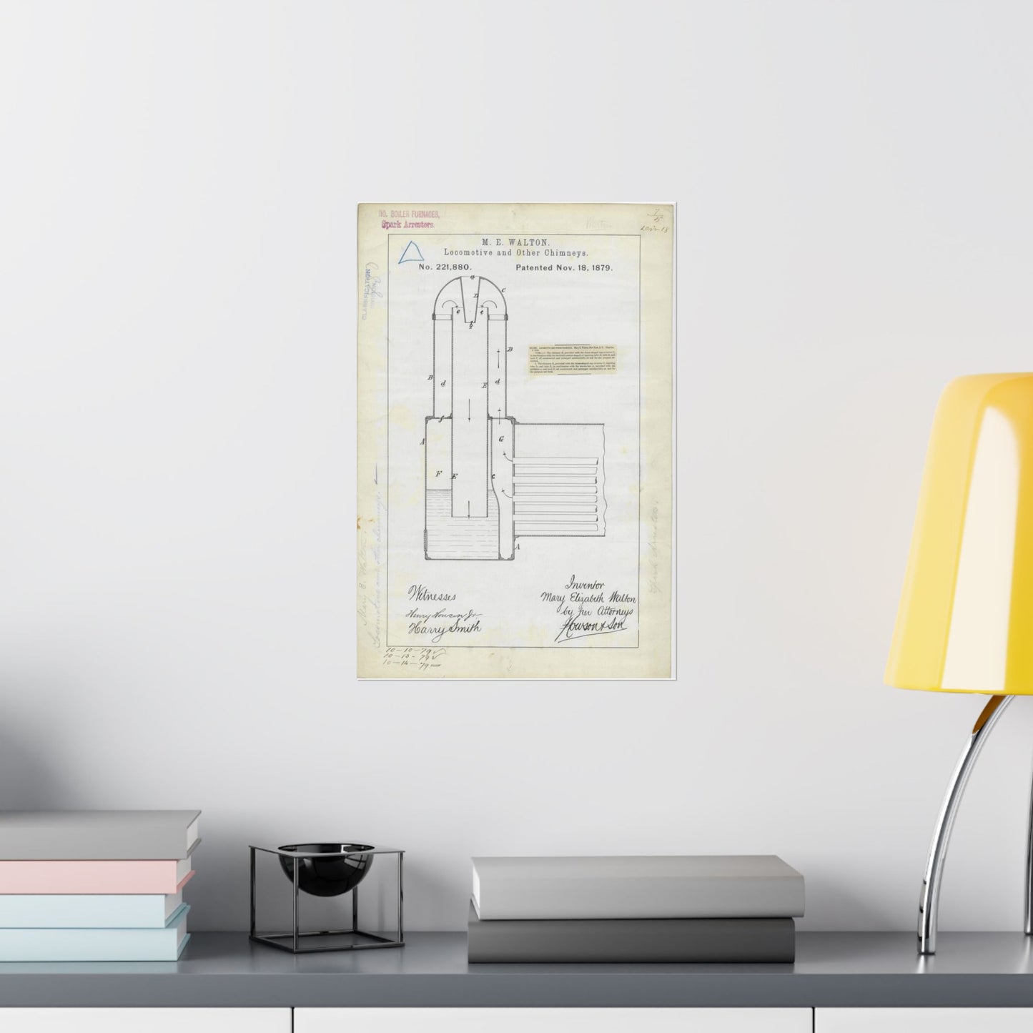 Patent Drawing of Engine - for M. E. Walton's Locomotive and Other Chimneys Public domain  image High Quality Matte Wall Art Poster for Home, Office, Classroom