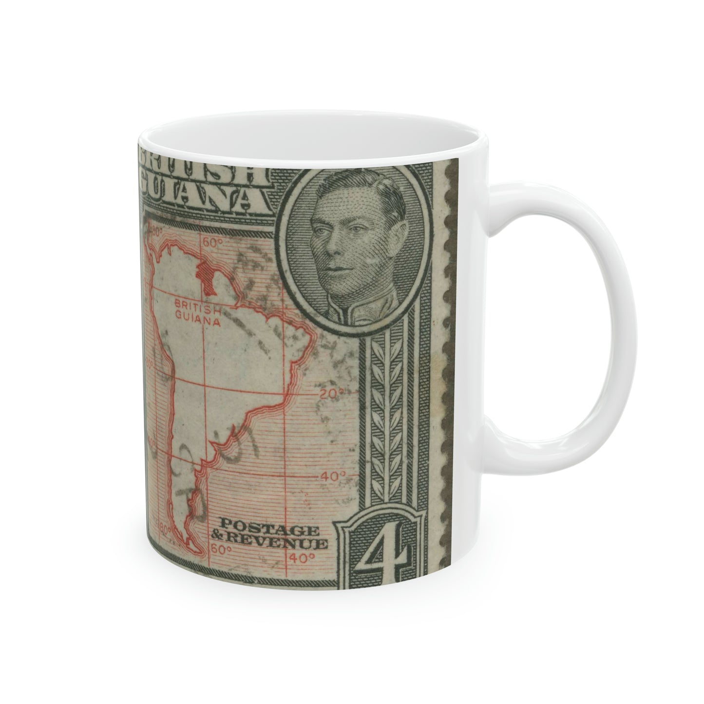 Frimärke ur Gösta Bodmans filatelistiska motivsamling, påbörjad 1950.Frimärke från Brittiska Guiana, 1938. Motiv av Sydamerikas karta med Brittiska Guiana. Beautiful Novelty Ceramic Coffee Mug 11oz