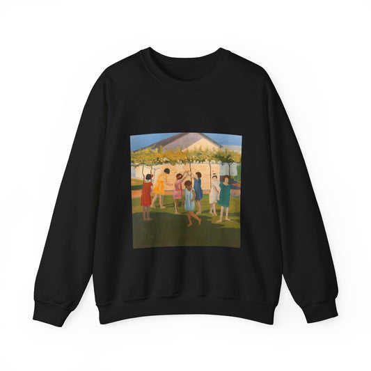 Petrona Viera - A painting of a group of children playing with a kite Black Heavy Blend Adult Crew Neck SweatShirt