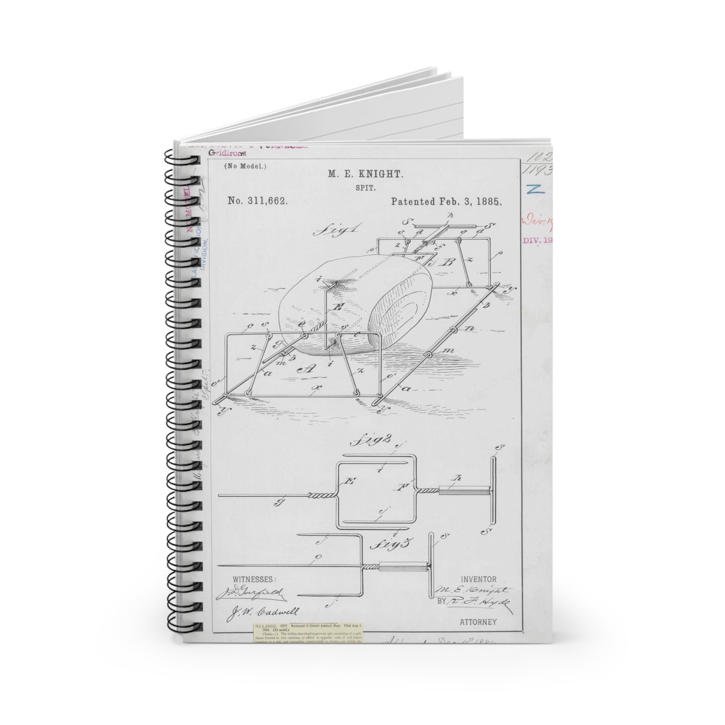 Patent drawing - for M. E. Knight's Spit Public domain  image Spiral Bound Ruled Notebook with Printed Cover