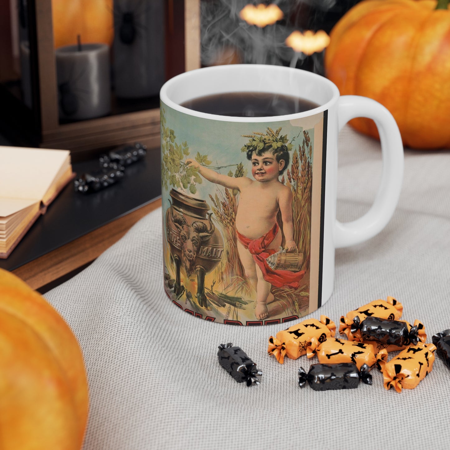 Bock beer boy standing to the right of a vat, which is inscribed hops malt, holding hops over the vat Beautiful Novelty Ceramic Coffee Mug 11oz