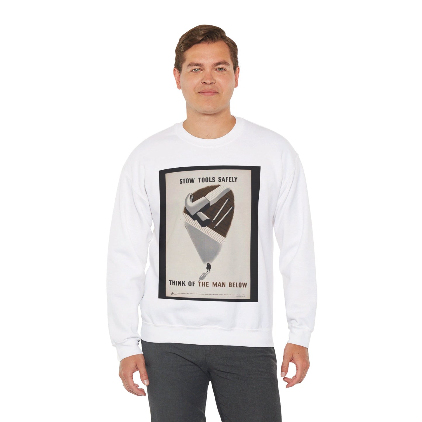 Stow Tools Safely Tom Eckersley White Heavy Blend Adult Crew Neck SweatShirt