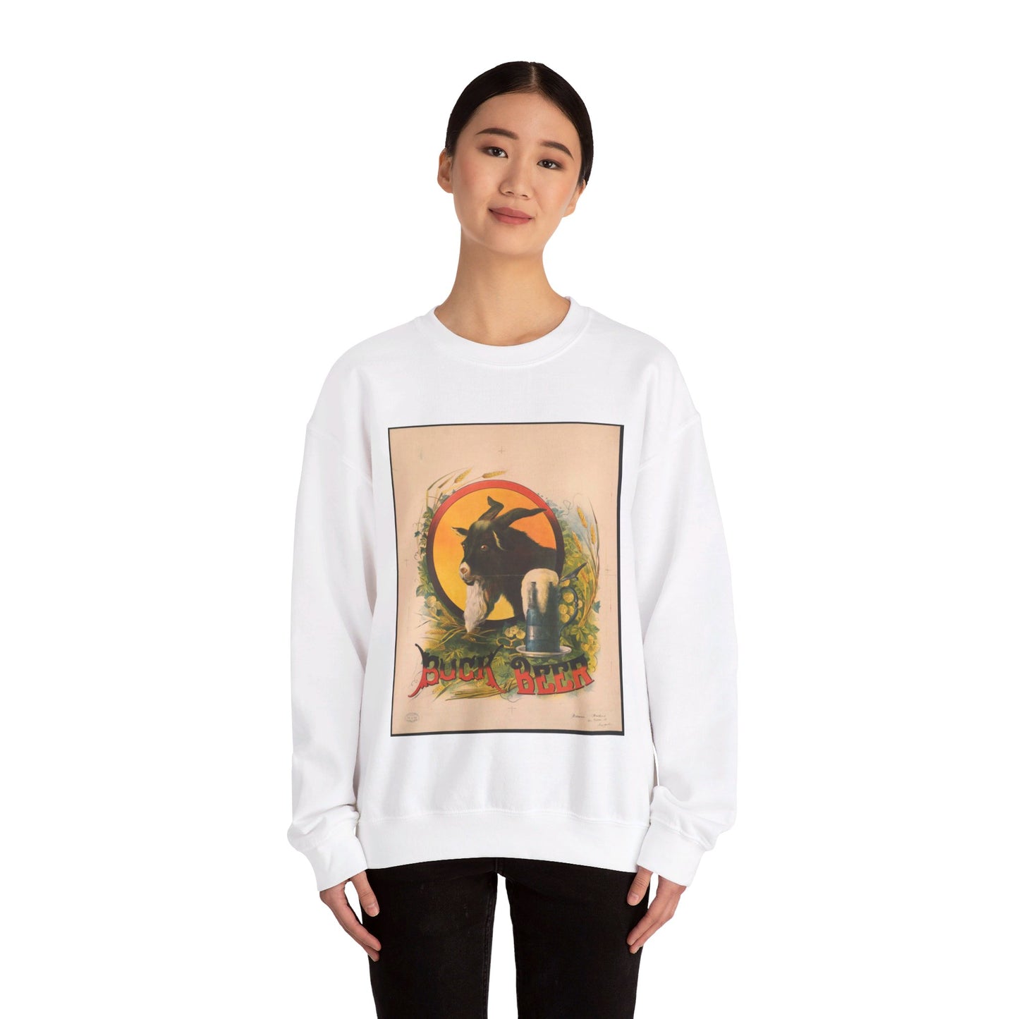 Bock Beer, the head of a goat inside an oval, with a stein of beer sitting on a bed of hops, underneath the oval White Heavy Blend Adult Crew Neck SweatShirt