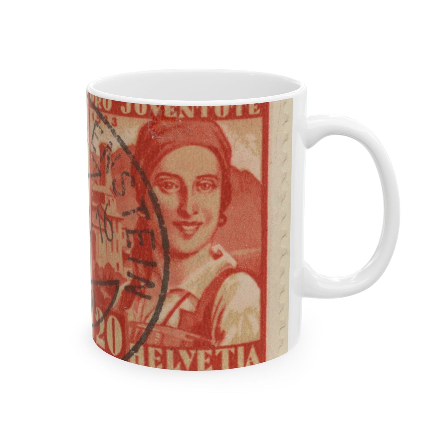 Frimärke ur Gösta Bodmans filatelistiska motivsamling, påbörjad 1950.Frimärke från Schweiz, 1933. Motiv av kvinnodräkt, Tessin. Beautiful Novelty Ceramic Coffee Mug 11oz