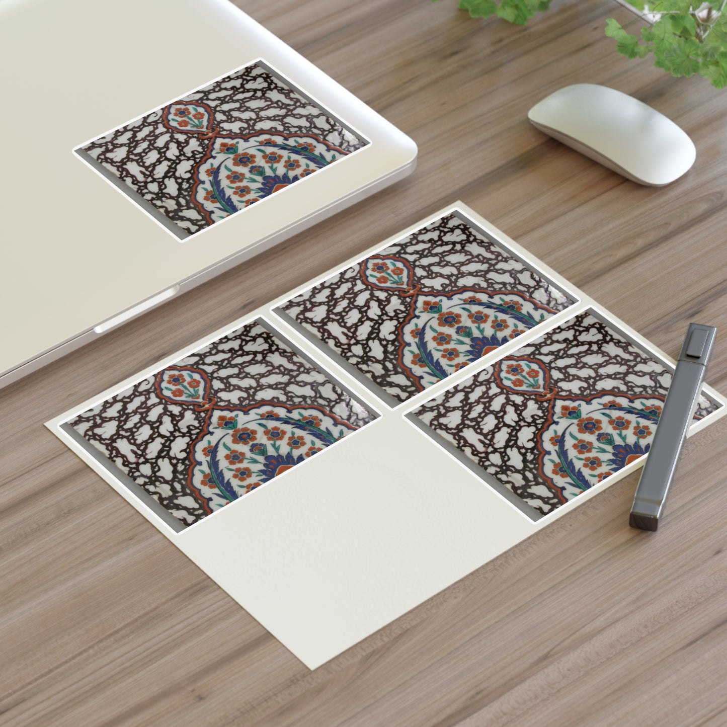 Tile with Floral Cartouche Design on Ebru (Marble Imitation Pattern) Background Laminated UV Protective Vinyl Stickers