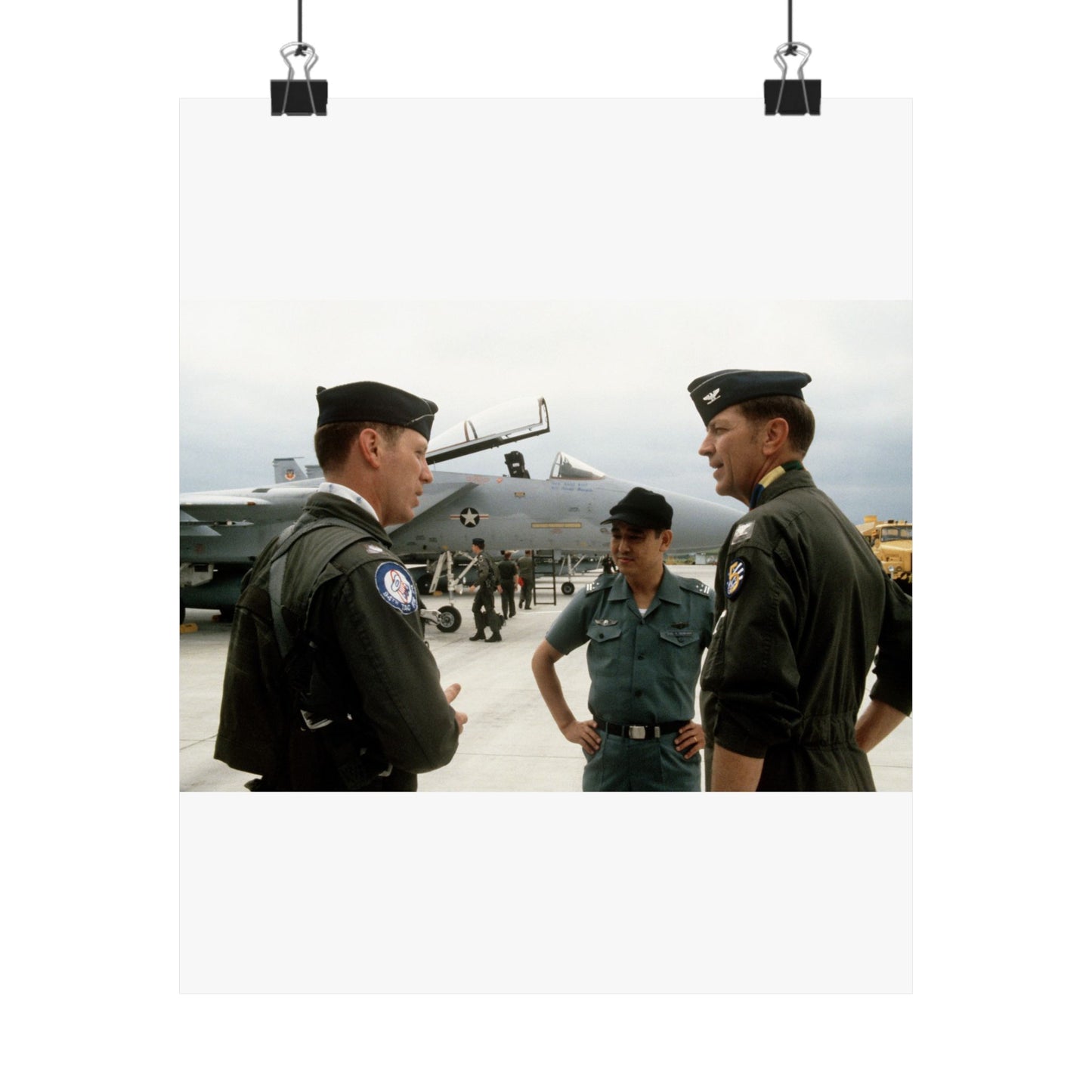 Upon his arrival, LTC Tom Barber (left), is greeted by Exercise Cope North '81-3 directors, COL George Peacock and Japanese Air SelF Defense Force COL V. Nomura High Quality Matte Wall Art Poster for Home, Office, Classroom