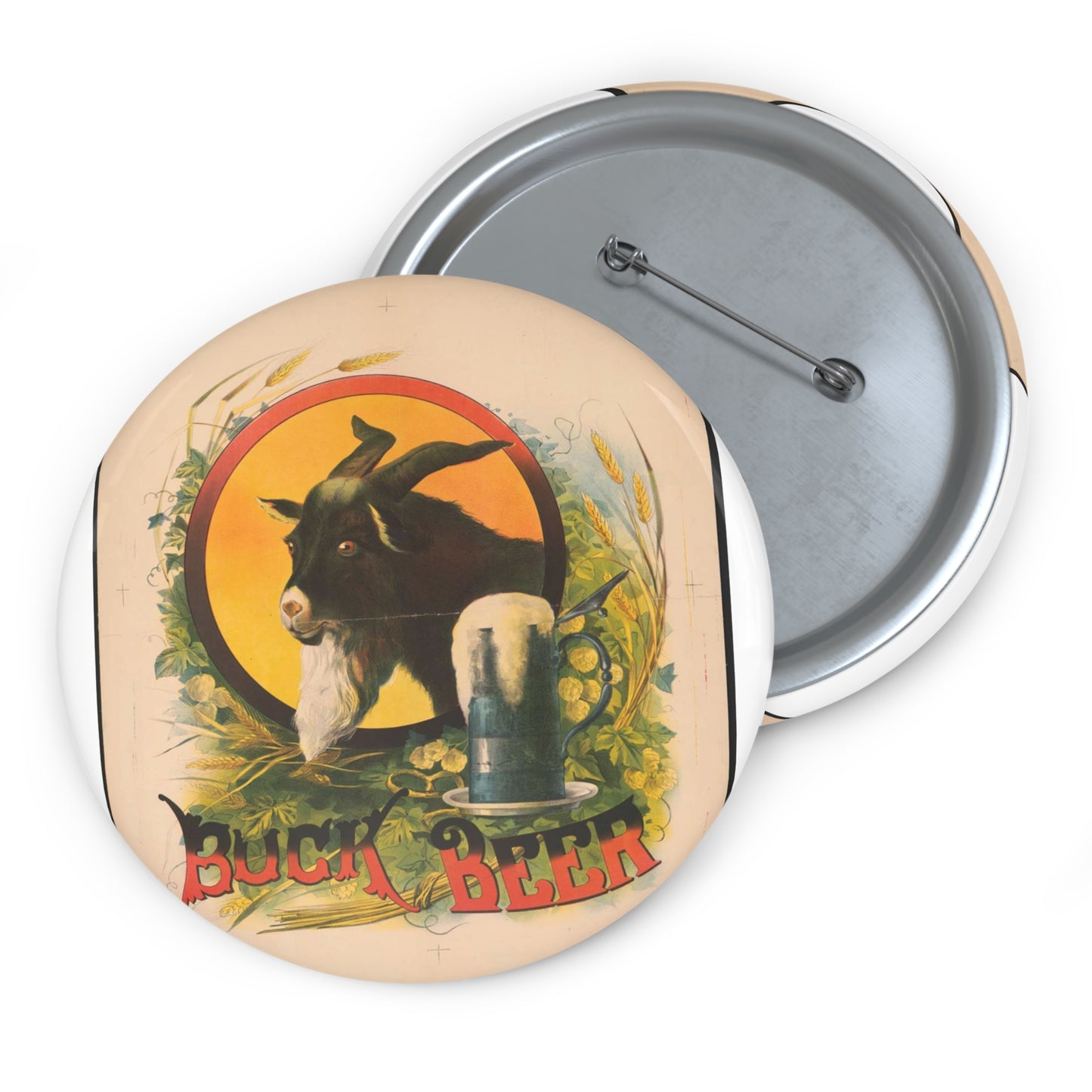 Bock Beer, the head of a goat inside an oval, with a stein of beer sitting on a bed of hops, underneath the oval Pin Buttons with Crisp Design