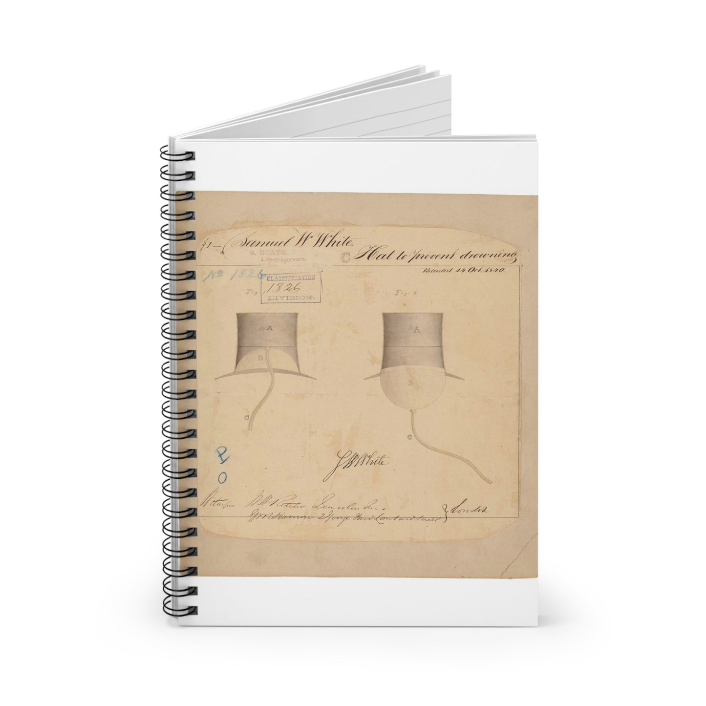 Patent drawing - Drawing of Hat to Prevent Drowning Public domain  image Spiral Bound Ruled Notebook with Printed Cover
