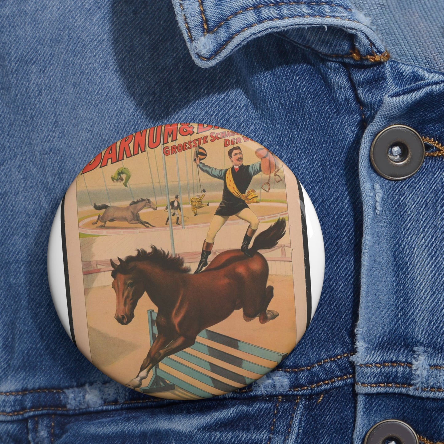 Die Barnum & Bailey groesste schaustellung der welt Reiter-wettrennen. Der Springende jockey.. Pin Buttons with Crisp Design