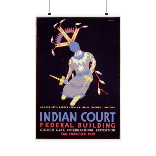 Indian court, Federal Building, Golden Gate International Exposition, San Francisco, 1939 Apache devil dancer from an Indian painting, Arizona / / Siegriest. High Quality Matte Wall Art Poster for Home, Office, Classroom