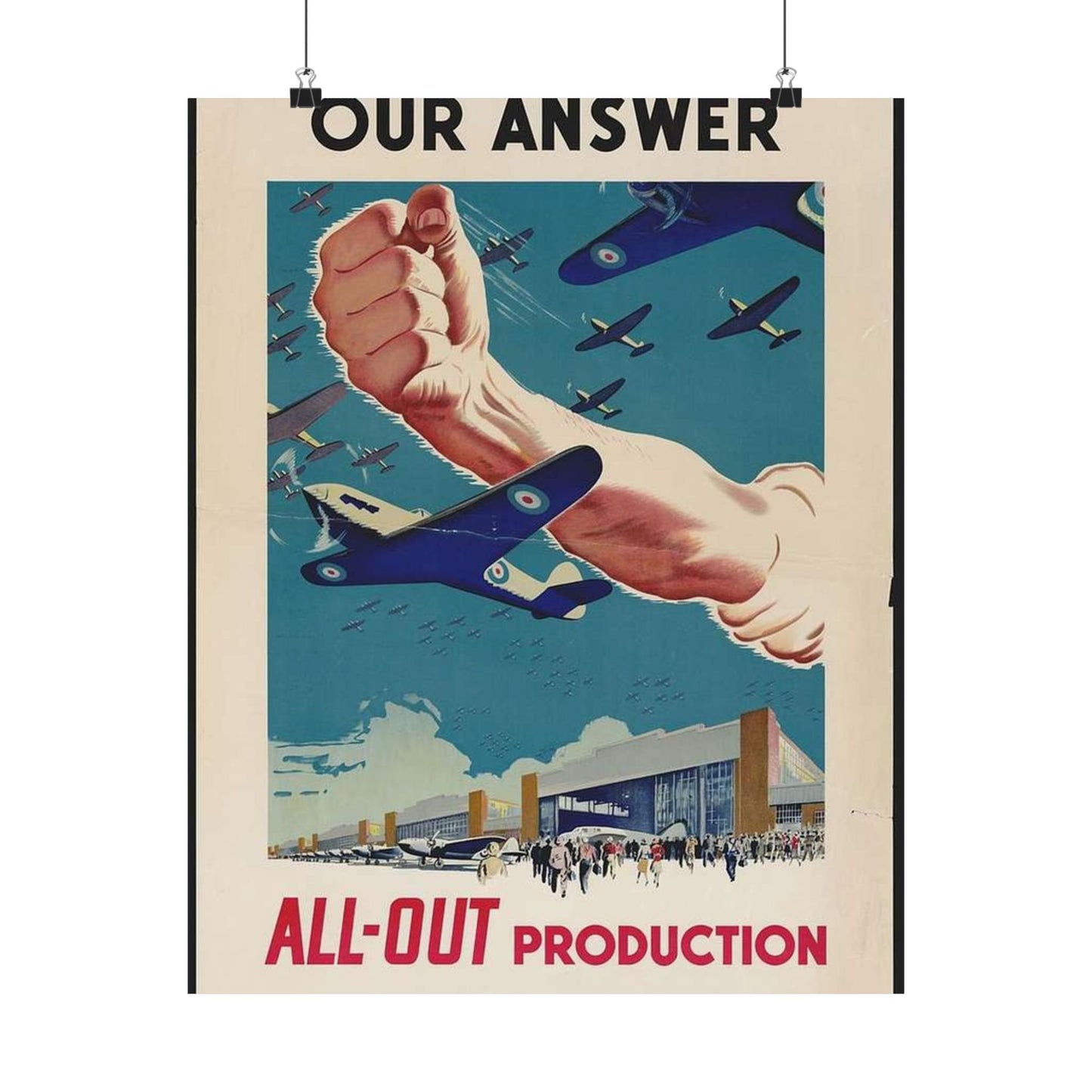 Our Answer All-Out Production, Canada, WWII Propaganda Poster High Quality Matte Wall Art Poster for Home, Office, Classroom