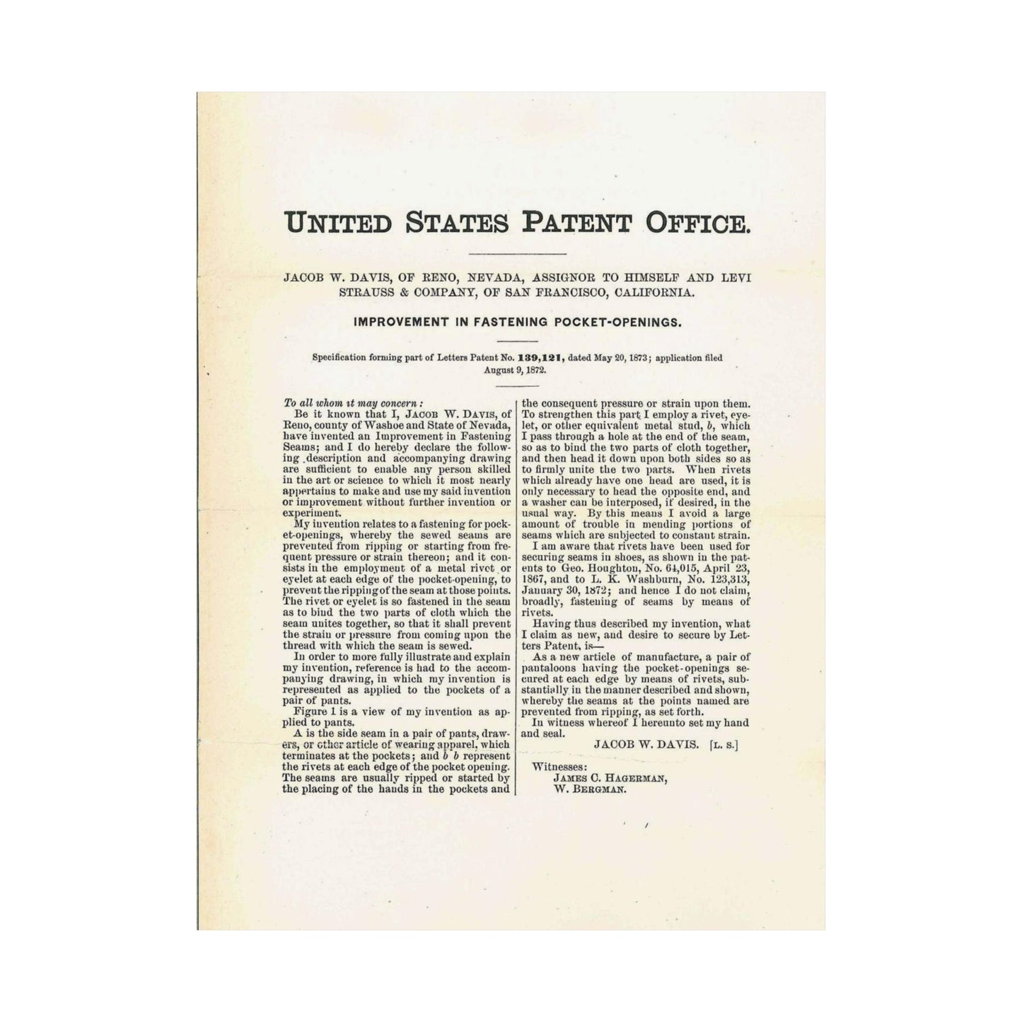 Patent Case File No. 139,121, Improvement in Fastening Pocket Openings, Inventor- Jacob W. Davis - DPLA - afb017b06366ded5b3d9735cb413b735 (page 29) High Quality Matte Wall Art Poster for Home, Office, Classroom