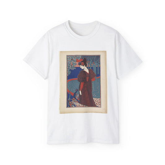 Louis Rhead - A woman stands looking at two peacocks. White T-Shirt Gildan 2000 Cotton Unisex