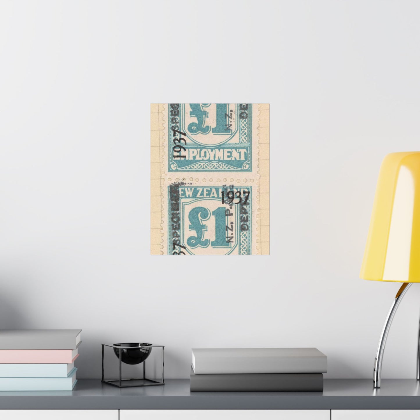 Block of one pound Unemployment Relief stamps overprinted '1937' and 'Specimen' High Quality Matte Wall Art Poster for Home, Office, Classroom
