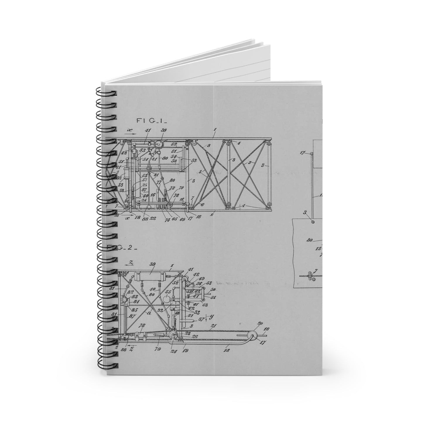 Patent drawing - Subject File: Patents--By Wright Brothers--USA--filed 10 February 1908, patented 14 October 1913 Public domain  image Spiral Bound Ruled Notebook with Printed Cover