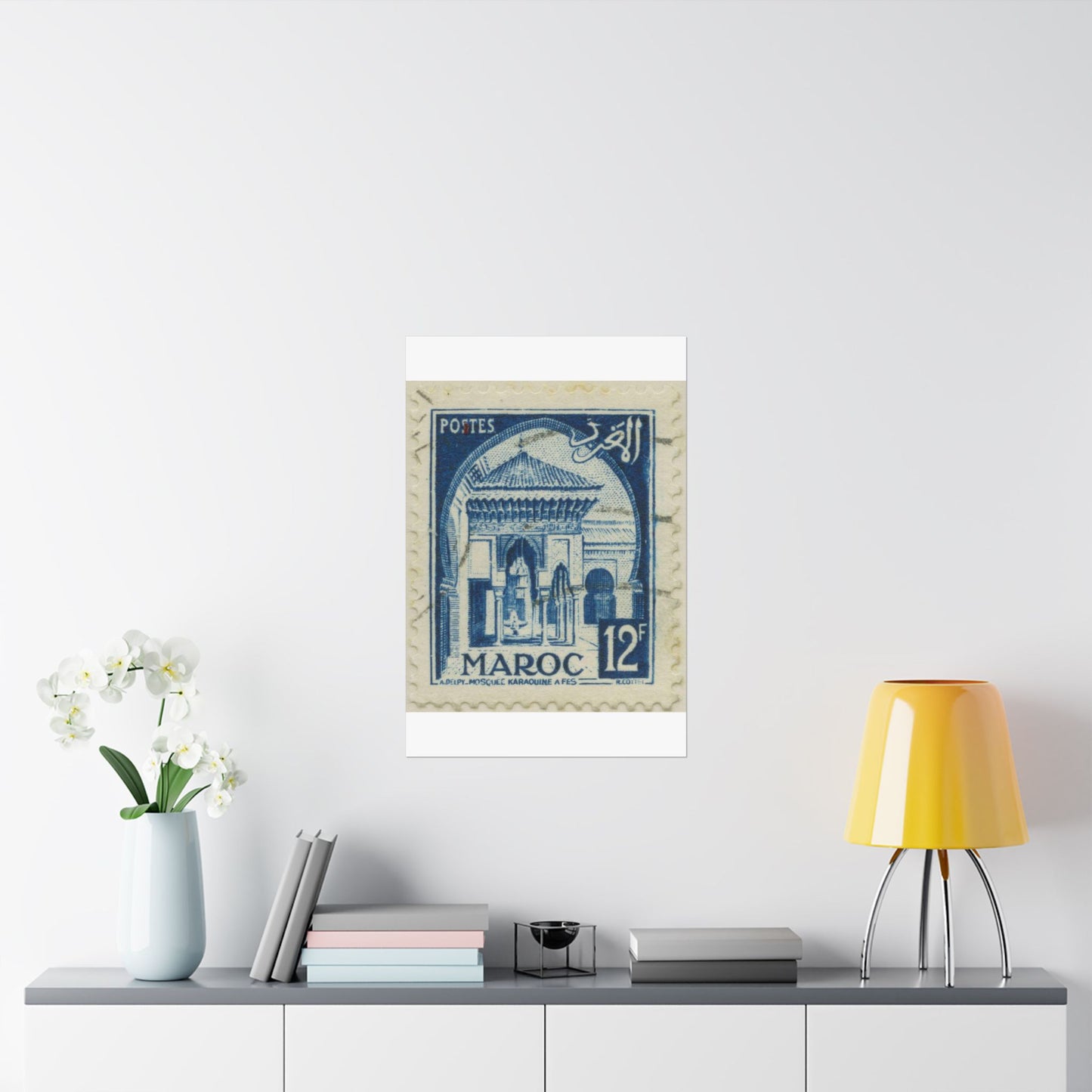 Frimärke ur Gösta Bodmans filatelistiska motivsamling, påbörjad 1950.Frimärke från Franska Marocko, 1951. Motiv av moskéen Karaouin. High Quality Matte Wall Art Poster for Home, Office, Classroom