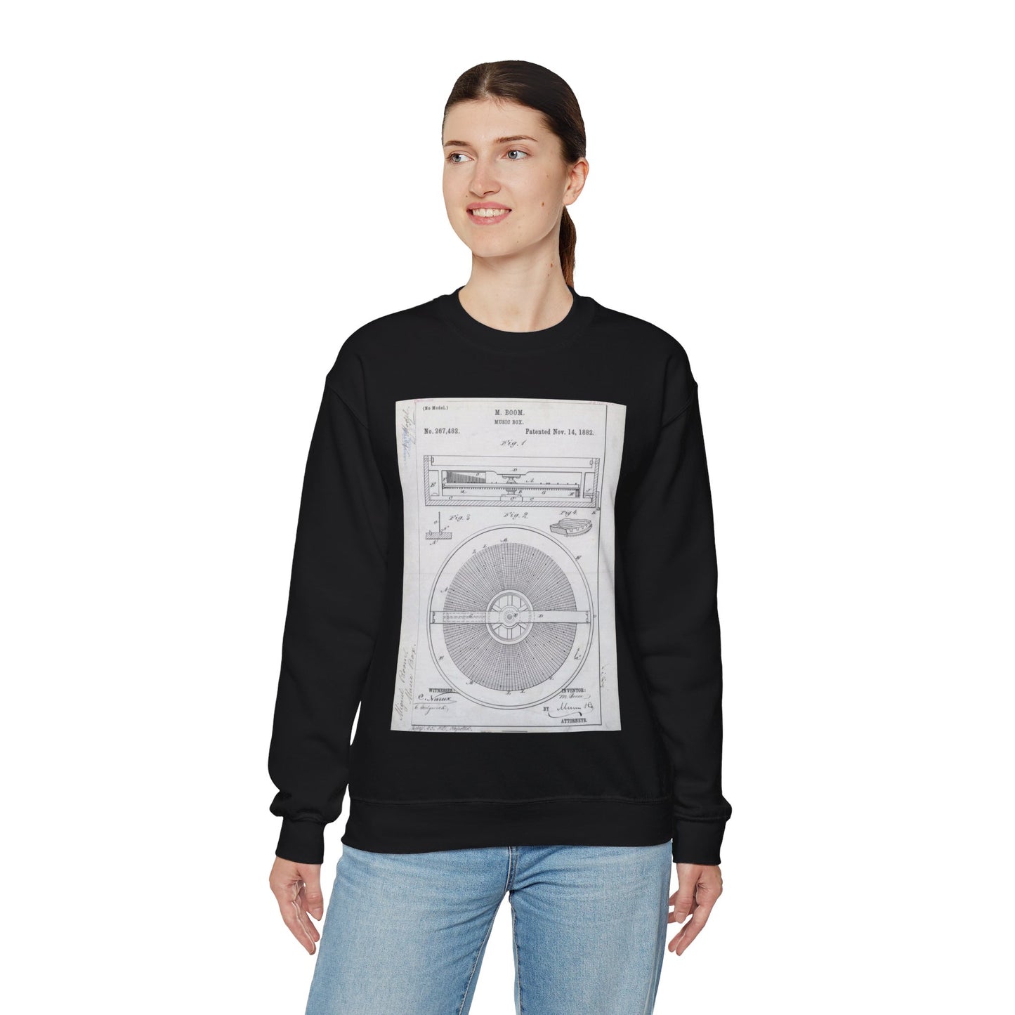 Patent Drawing of Engine - for M. Boom's Music Box Public domain  image Black Heavy Blend Adult Crew Neck SweatShirt